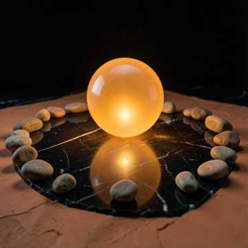 Illustration d'une orbe lumineuse et de pierres en cercle pour la chanson 'Une chanson pour la paix' générée par IA.