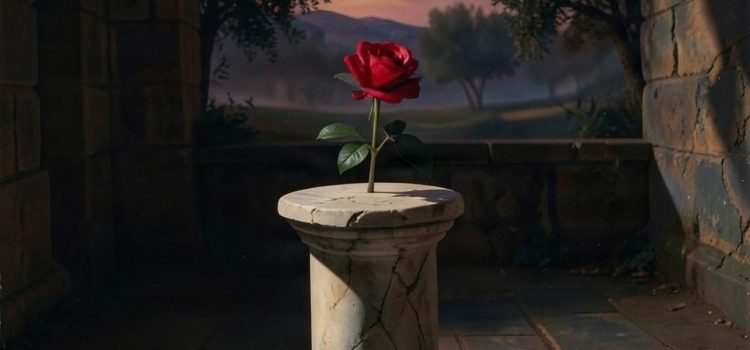 Un pilier avec une rose dans une cours