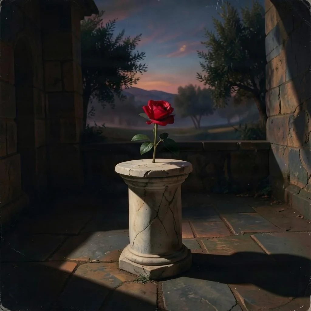 Un pilier avec une rose dans une cours