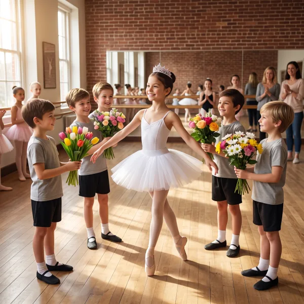 Elia qui danse devant des petits garçons admiratifs.