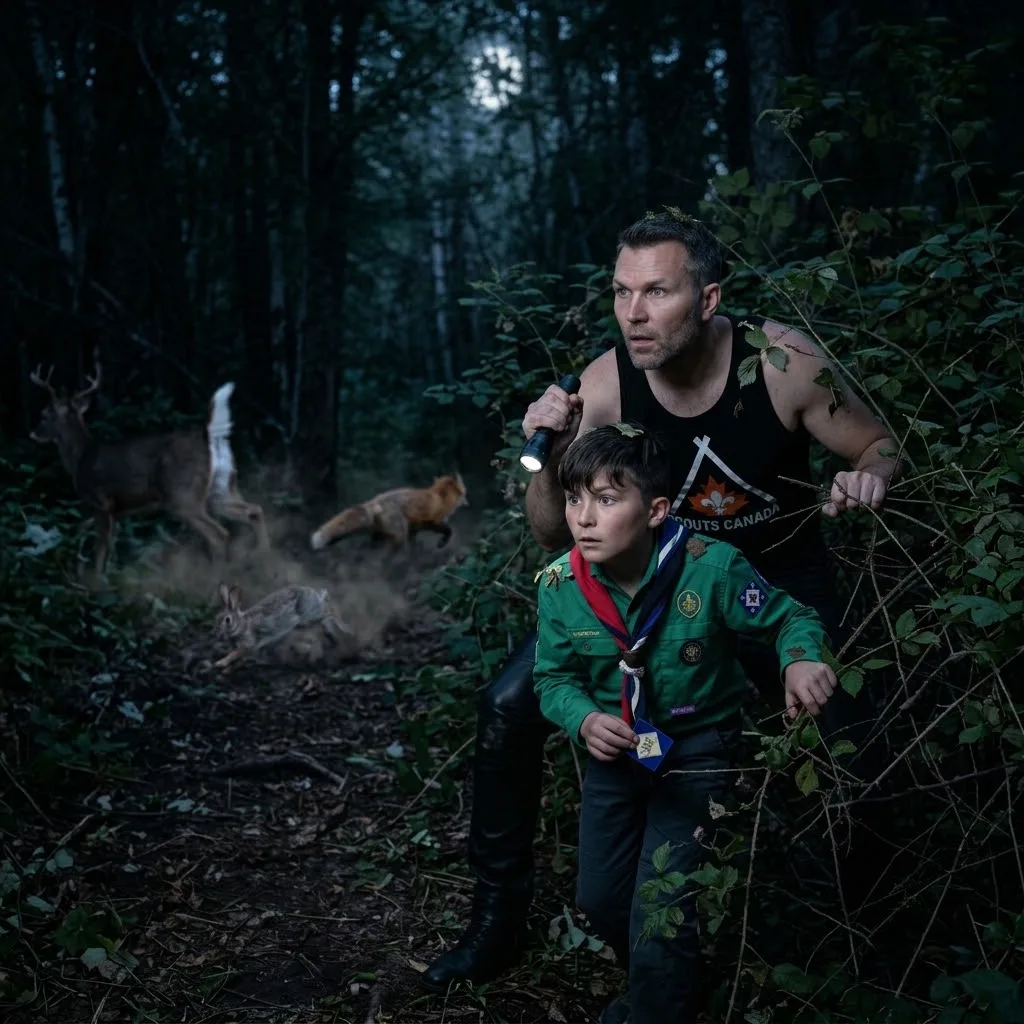 Sébastien et son fils Alexandre en uniforme scout explorant la forêt la nuit avec une lampe de poche au milieu d'animaux sauvages.